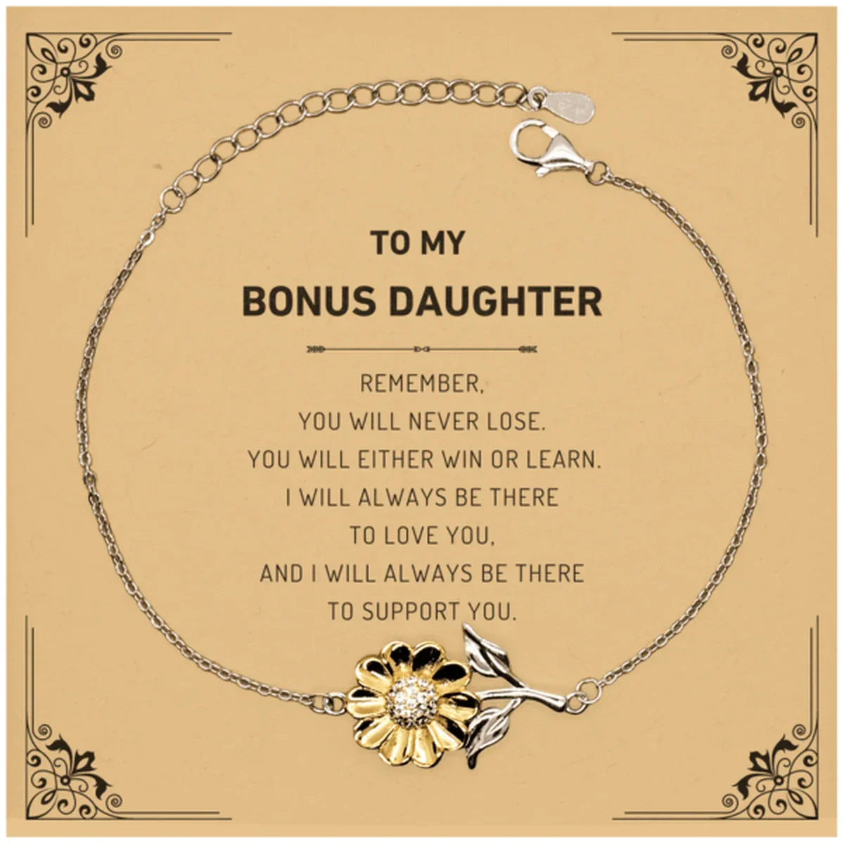 Bonus Daughter Gifts, To My Bonus Daughter Remember, you will never lose. You will either WIN or LEARN, Keepsake Sunflower Bracelet For Bonus Daughter Card, Birthday Christmas Gifts Ideas For Bonus Daughter X-mas Gifts