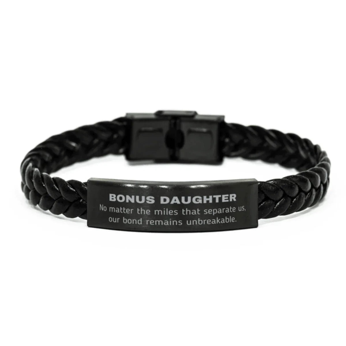 Bonus Daughter Long Distance Relationship Gifts, No matter the miles that separate us, Cute Love Braided Leather Bracelet For Bonus Daughter, Birthday Christmas Unique Gifts For Bonus Daughter