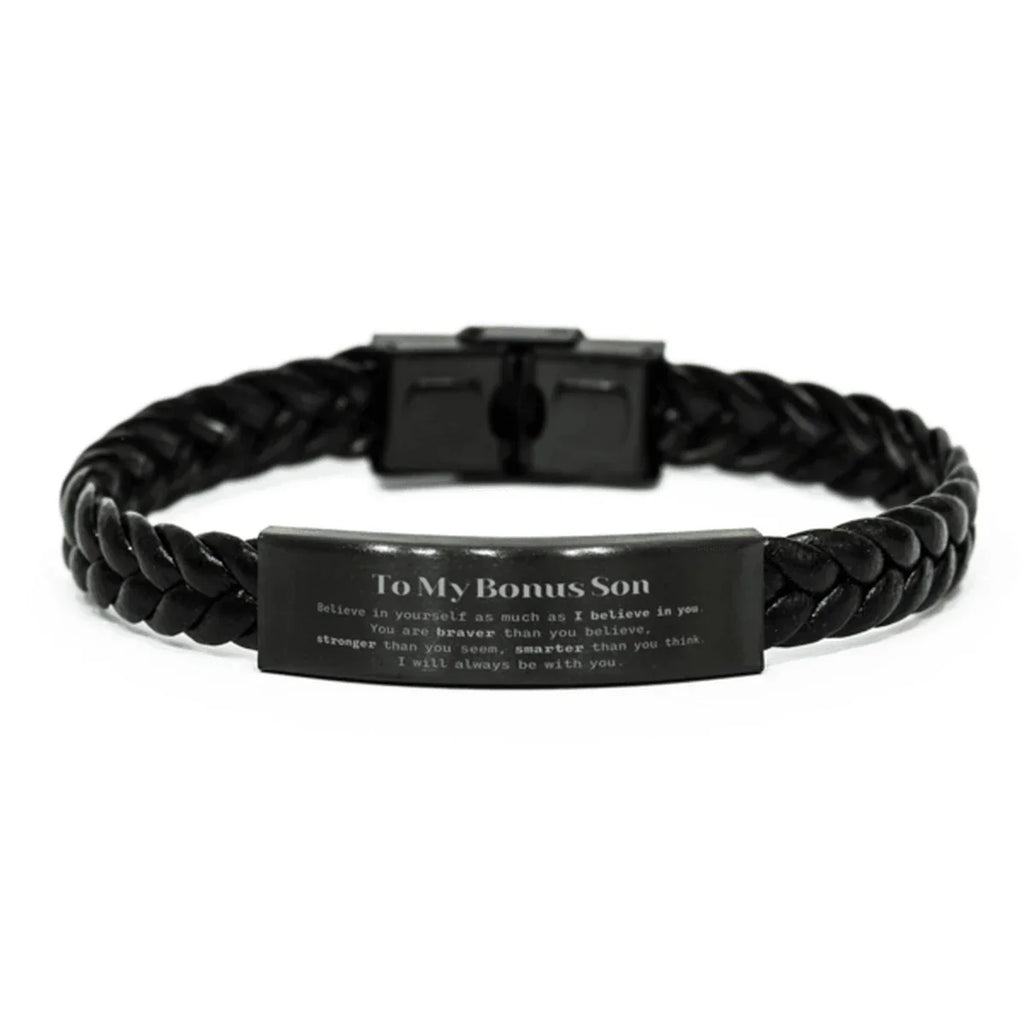 Bonus Son Braided Leather Bracelet Gifts, To My Bonus Son You are braver than you believe, stronger than you seem, Inspirational Gifts For Bonus Son Engraved, Birthday, Christmas Gifts For Bonus Son Men Women