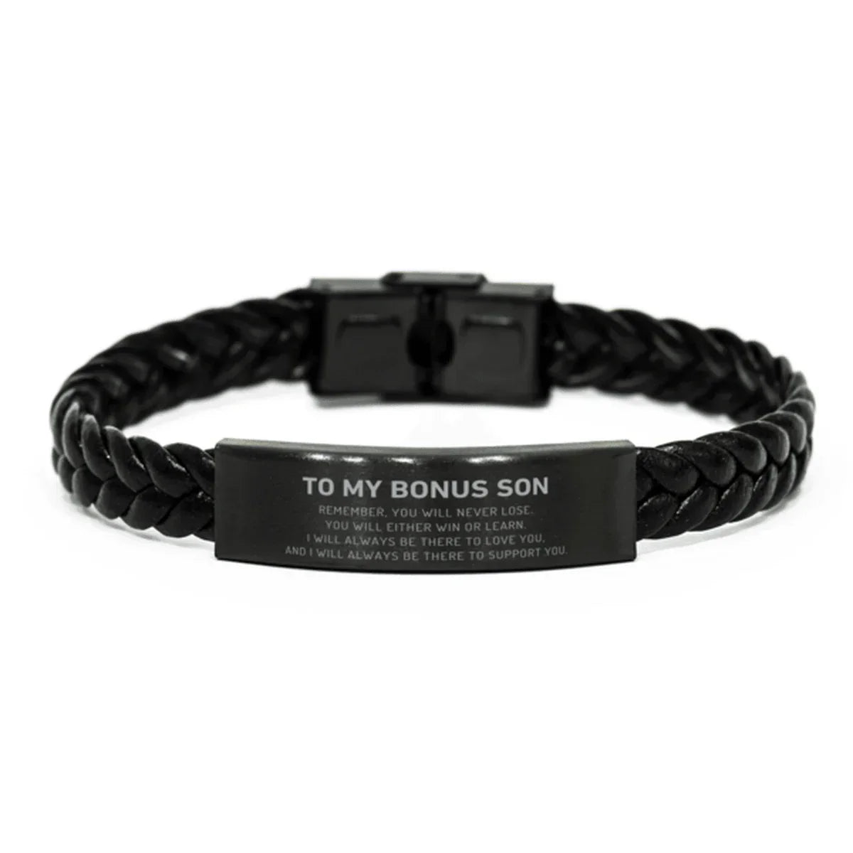 Bonus Son Gifts, To My Bonus Son Remember, you will never lose. You will either WIN or LEARN, Keepsake Braided Leather Bracelet For Bonus Son Engraved, Birthday Christmas Gifts Ideas For Bonus Son X-mas Gifts
