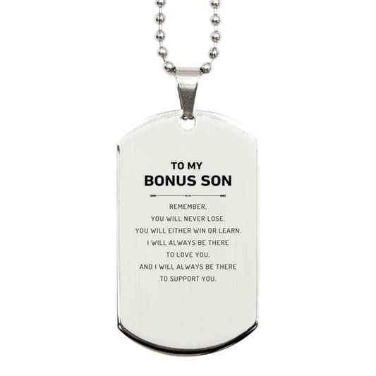 Bonus Son Gifts, To My Bonus Son Remember, you will never lose. You will either WIN or LEARN, Keepsake Silver Dog Tag For Bonus Son Engraved, Birthday Christmas Gifts Ideas For Bonus Son X-mas Gifts - Mallard Moon Gift Shop