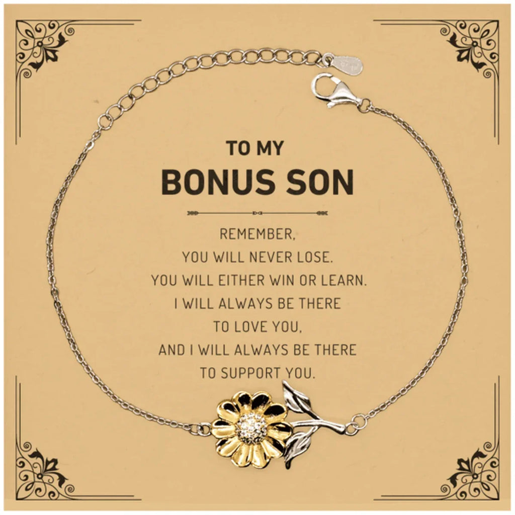 Bonus Son Gifts, To My Bonus Son Remember, you will never lose. You will either WIN or LEARN, Keepsake Sunflower Bracelet For Bonus Son Card, Birthday Christmas Gifts Ideas For Bonus Son X-mas Gifts