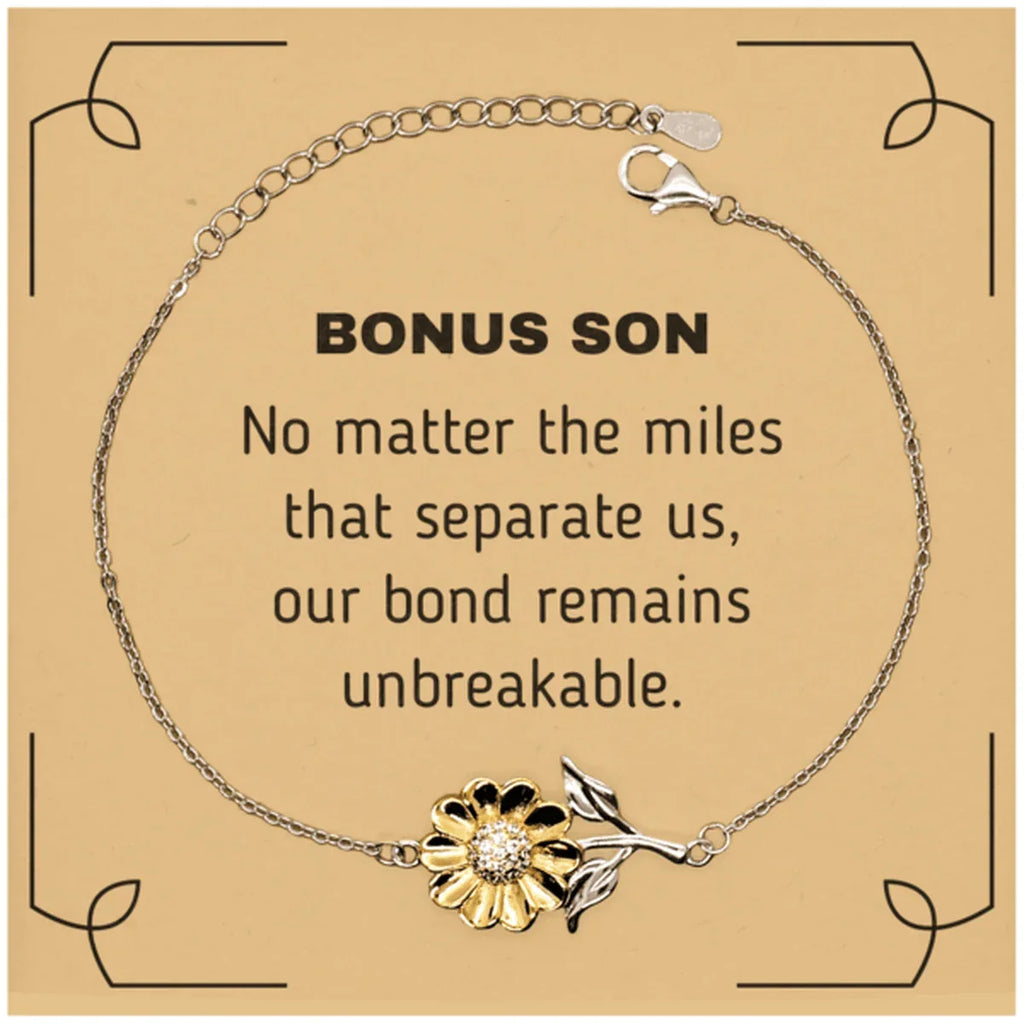 Bonus Son Long Distance Relationship Gifts, No matter the miles that separate us, Cute Love Sunflower Bracelet For Bonus Son, Birthday Christmas Unique Gifts For Bonus Son