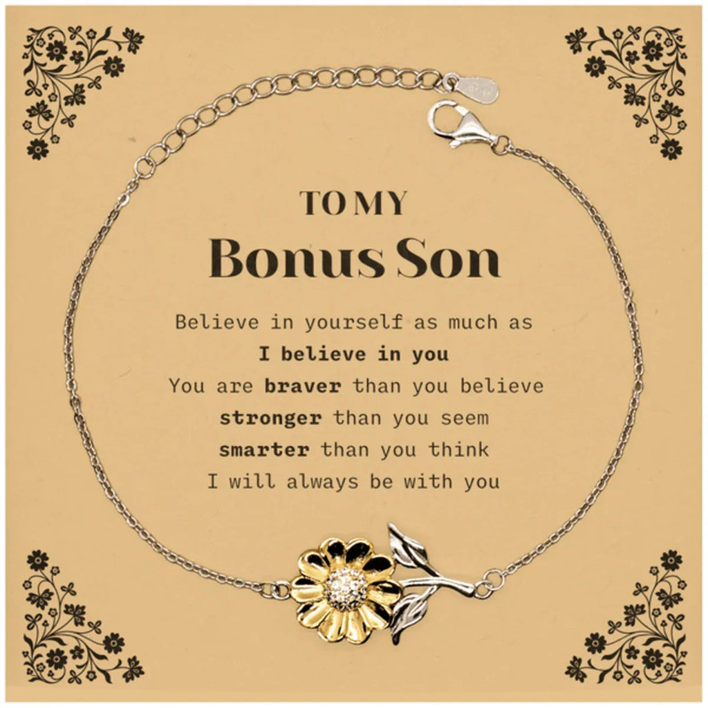 Bonus Son Sunflower Bracelet Gifts, To My Bonus Son You are braver than you believe, stronger than you seem, Inspirational Gifts For Bonus Son Card, Birthday, Christmas Gifts For Bonus Son Men Women