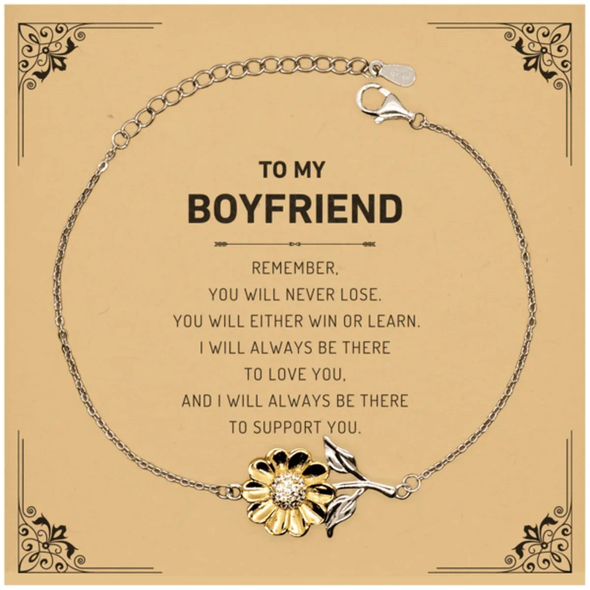 Boyfriend Gifts, To My Boyfriend Remember, you will never lose. You will either WIN or LEARN, Keepsake Sunflower Bracelet For Boyfriend Card, Birthday Christmas Gifts Ideas For Boyfriend X-mas Gifts