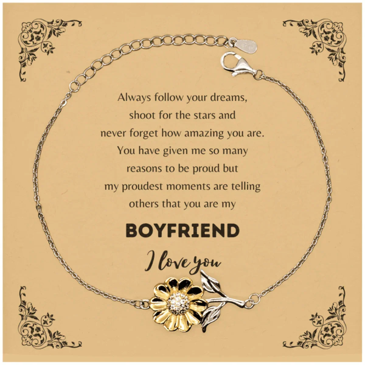 Boyfriend Sunflower Bracelet - Always Follow your Dreams - Birthday, Christmas Holiday Jewelry Gift