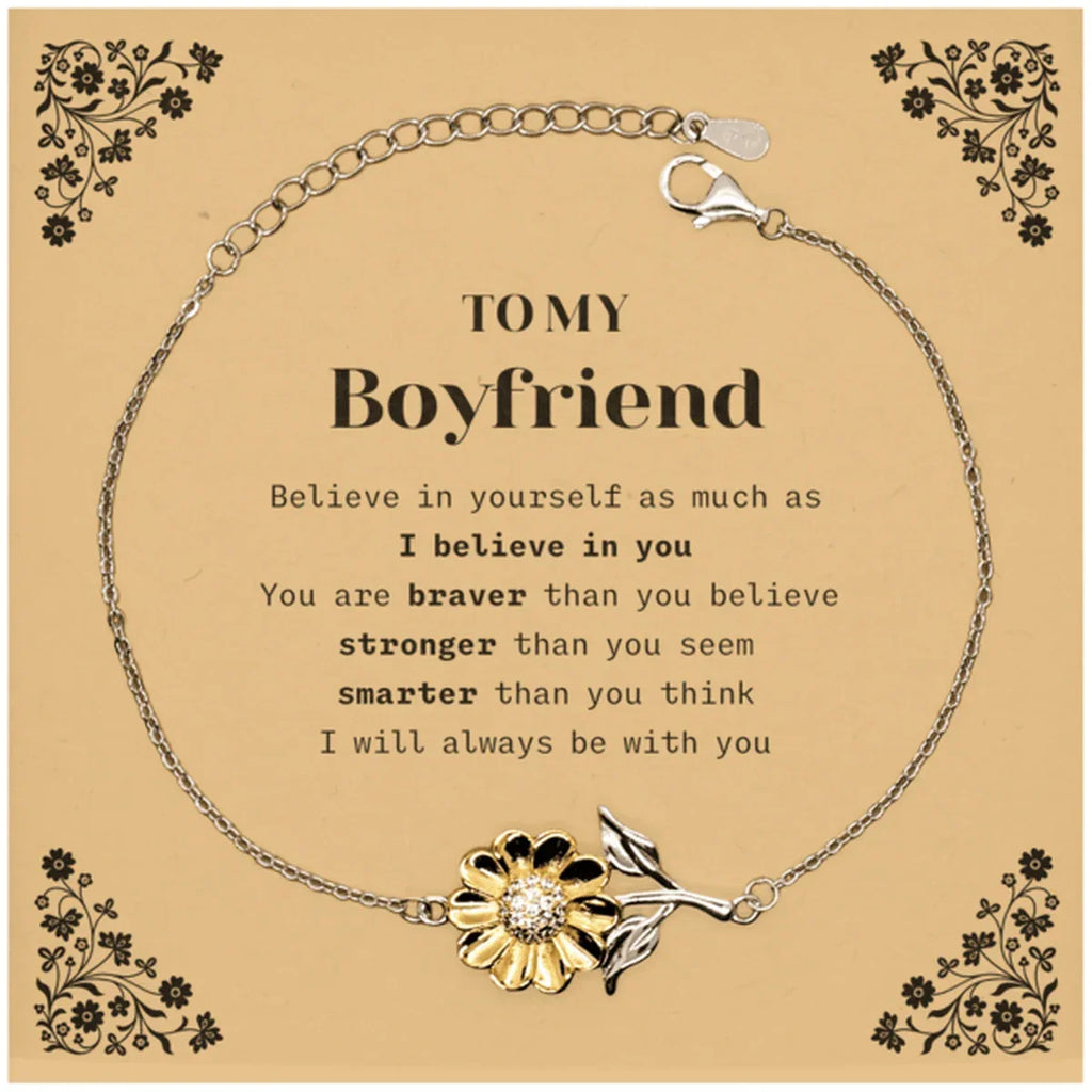 Boyfriend Sunflower Bracelet Gifts, To My Boyfriend You are braver than you believe, stronger than you seem, Inspirational Gifts For Boyfriend Card, Birthday, Christmas Gifts For Boyfriend Men Women