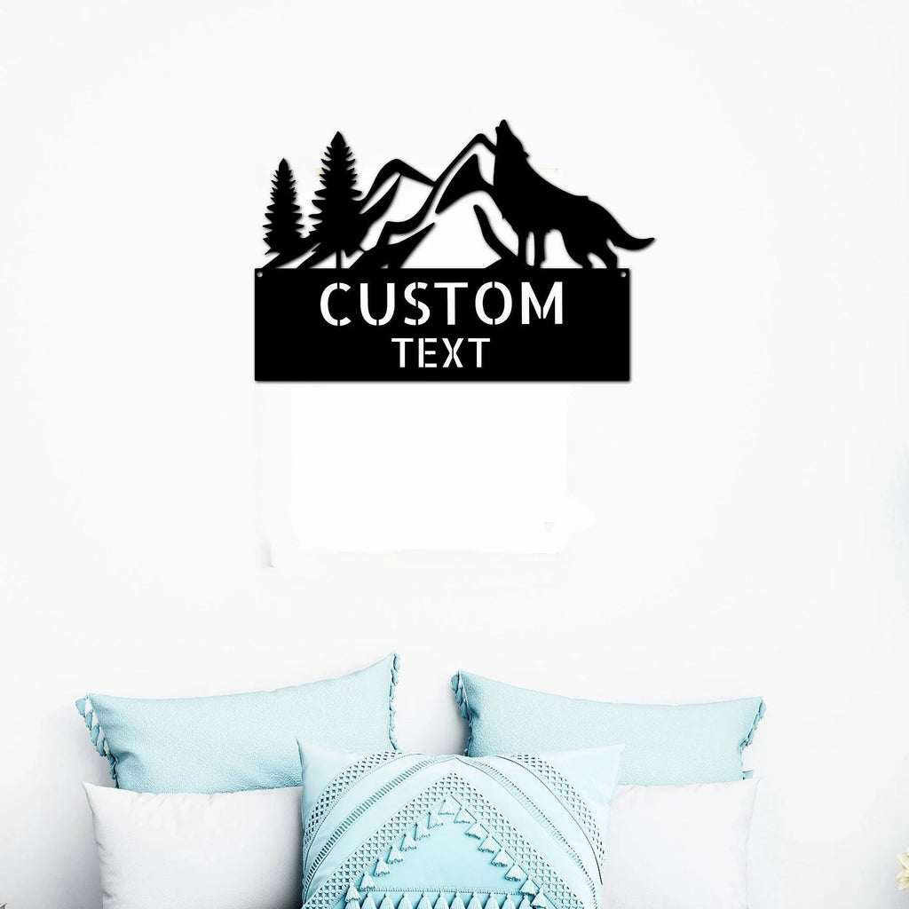 Coyote and Mountains Custom Name Metal Wall Sign