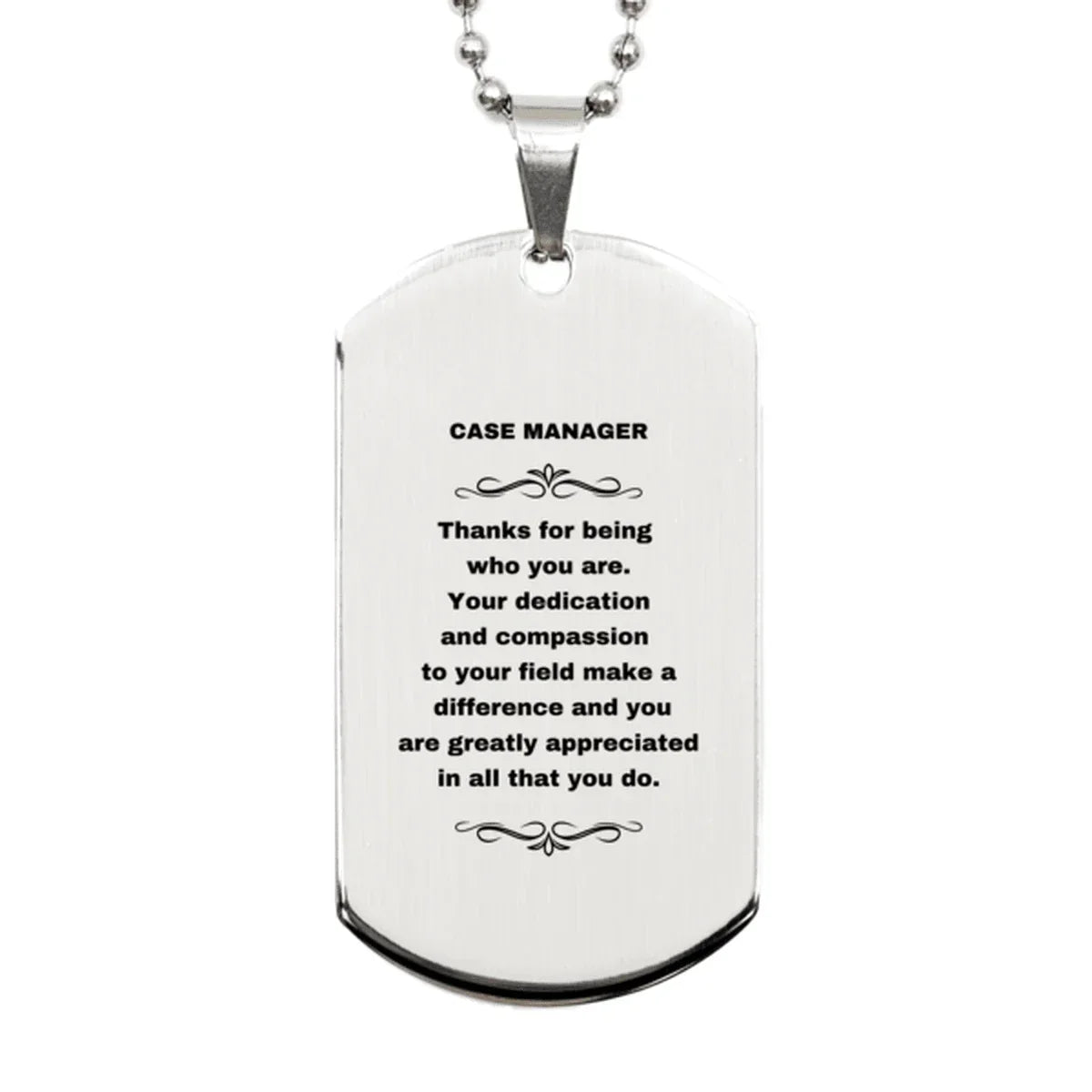 Case Manager Silver Dog Tag Engraved Necklace - Thanks for being who you are - Birthday Christmas Jewelry Gifts Coworkers Colleague Boss