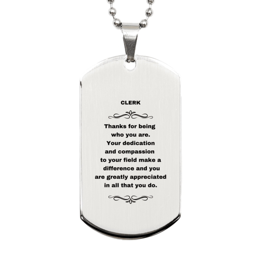 Clerk Silver Dog Tag Engraved Necklace - Thanks for being who you are - Birthday Christmas Jewelry Gifts Coworkers Colleague Boss - Mallard Moon Gift Shop
