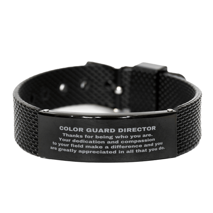 Color Guard Director Black Shark Mesh Stainless Steel Engraved Bracelet - Thanks for being who you are - Birthday Christmas Jewelry Gifts Coworkers Colleague Boss - Mallard Moon Gift Shop
