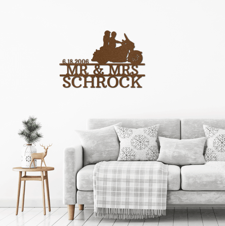 Motorcycle Cruising Couple Custom Mr & Mrs Metal Art Wall Sign - Mallard Moon Gift Shop