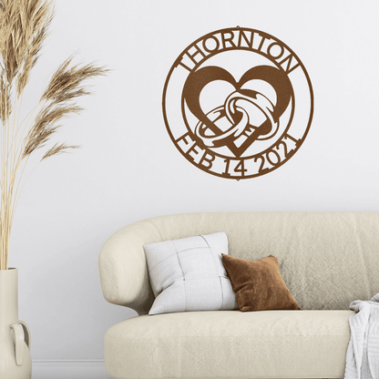 Engagement Wedding Rings and Heart Custom Name Metal Art Wall Sign - Mallard Moon Gift Shop