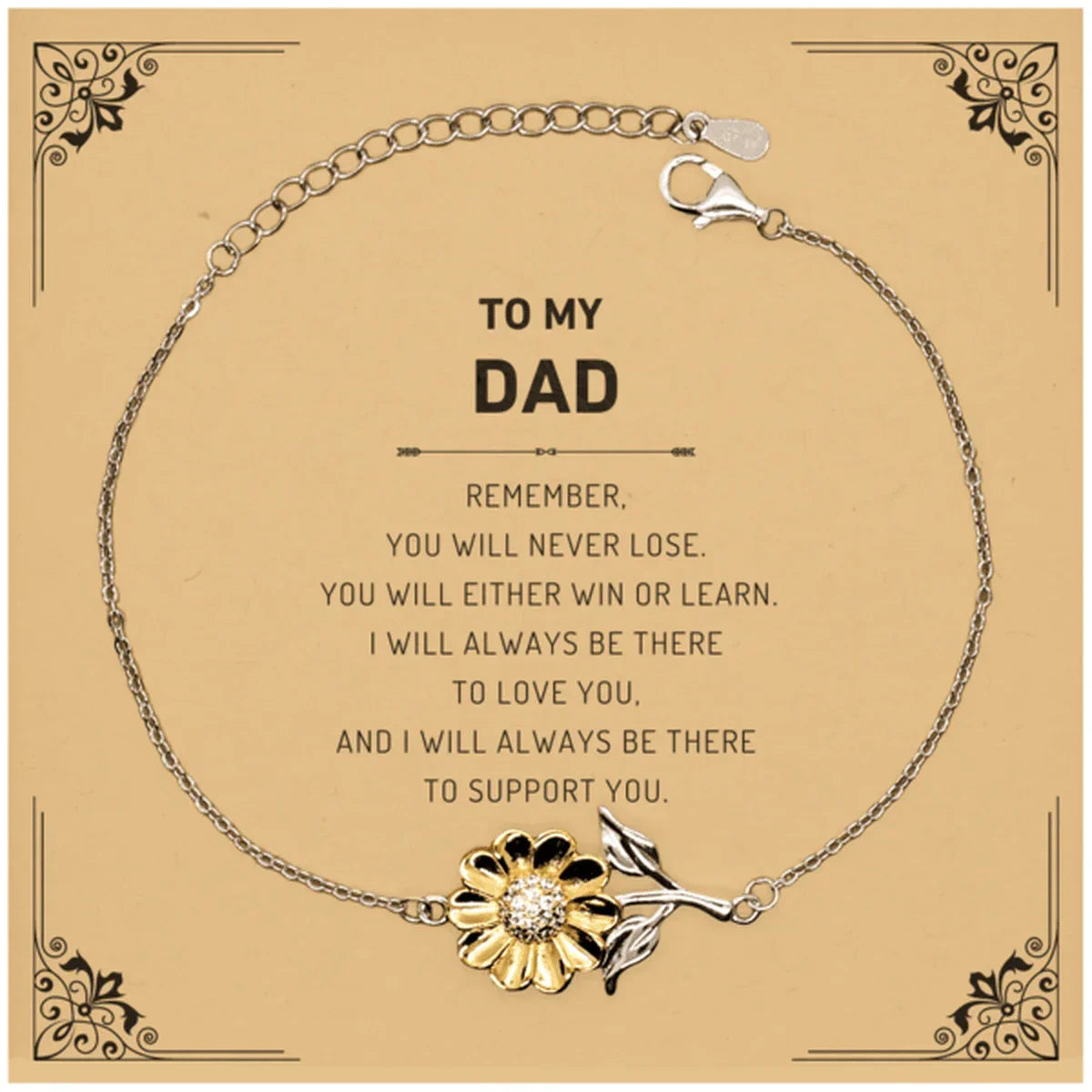 Dad Gifts, To My Dad Remember, you will never lose. You will either WIN or LEARN, Keepsake Sunflower Bracelet For Dad Card, Birthday Christmas Gifts Ideas For Dad X-mas Gifts