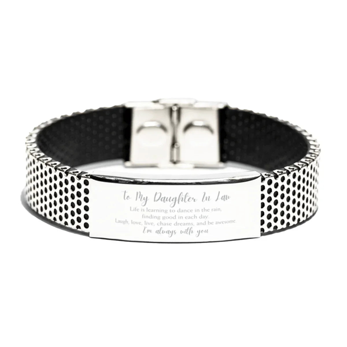 Daughter In Law Christmas Perfect Gifts, Daughter In Law Stainless Steel Bracelet, Motivational Daughter In Law Engraved Gifts, Birthday Gifts For Daughter In Law, To My Daughter In Law Life is learning to dance in the rain,. I'm