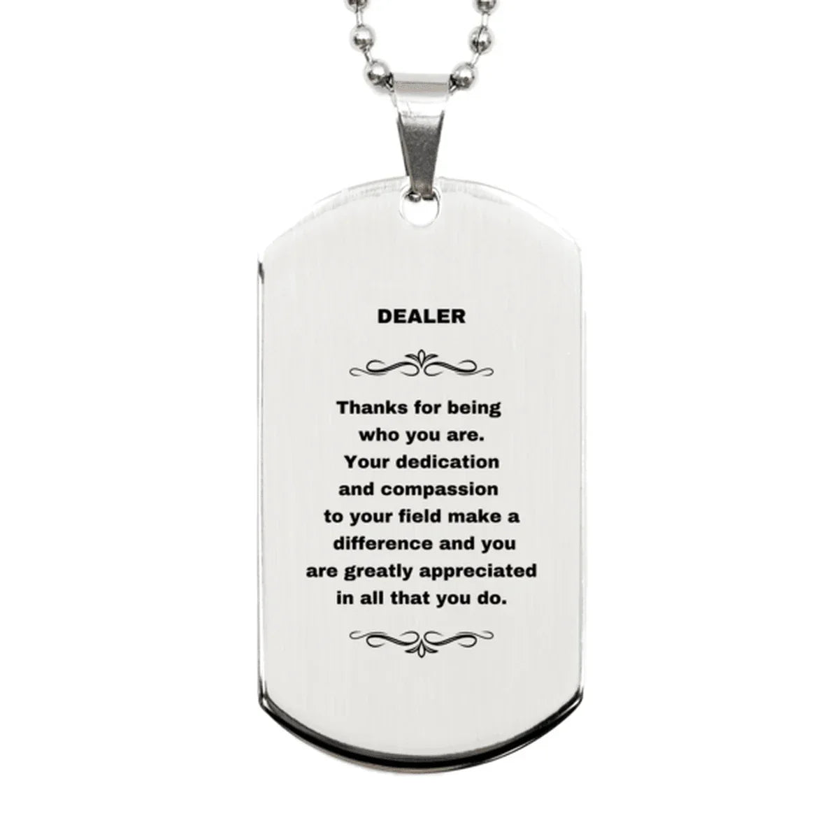 Dealer Dog Tag Necklace – Stainless Steel Pendant with Engraved Message – Thoughtful Gift for Casino Dealers, Card Dealers, Poker Enthusiasts –