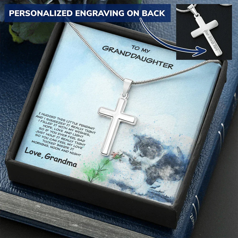 Granddaughter Cross Pendant Necklace with Playful Kitten Message Card