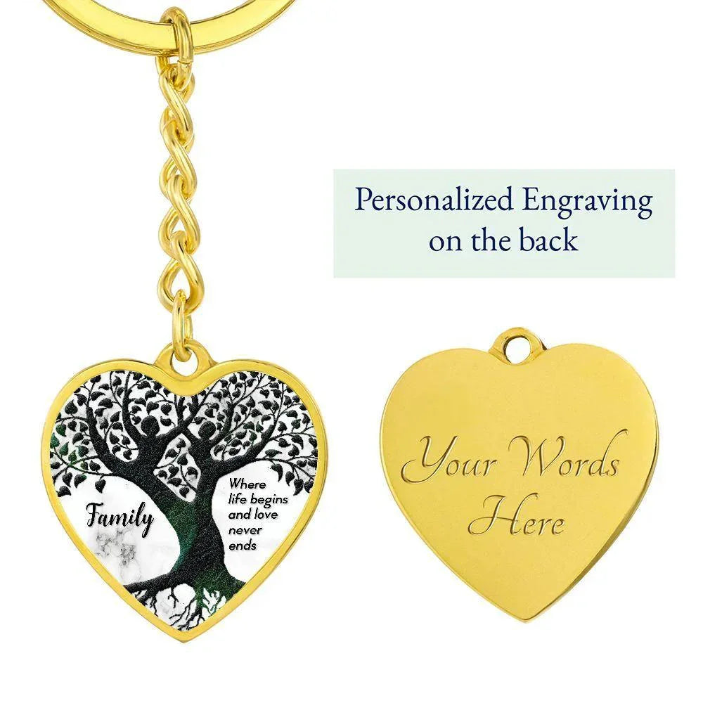 Family Tree Engraved Heart Keychain – “Where Life Begins and Love Never Ends” Stainless Steel Keepsake, Meaningful Gift for Family & Loved Ones