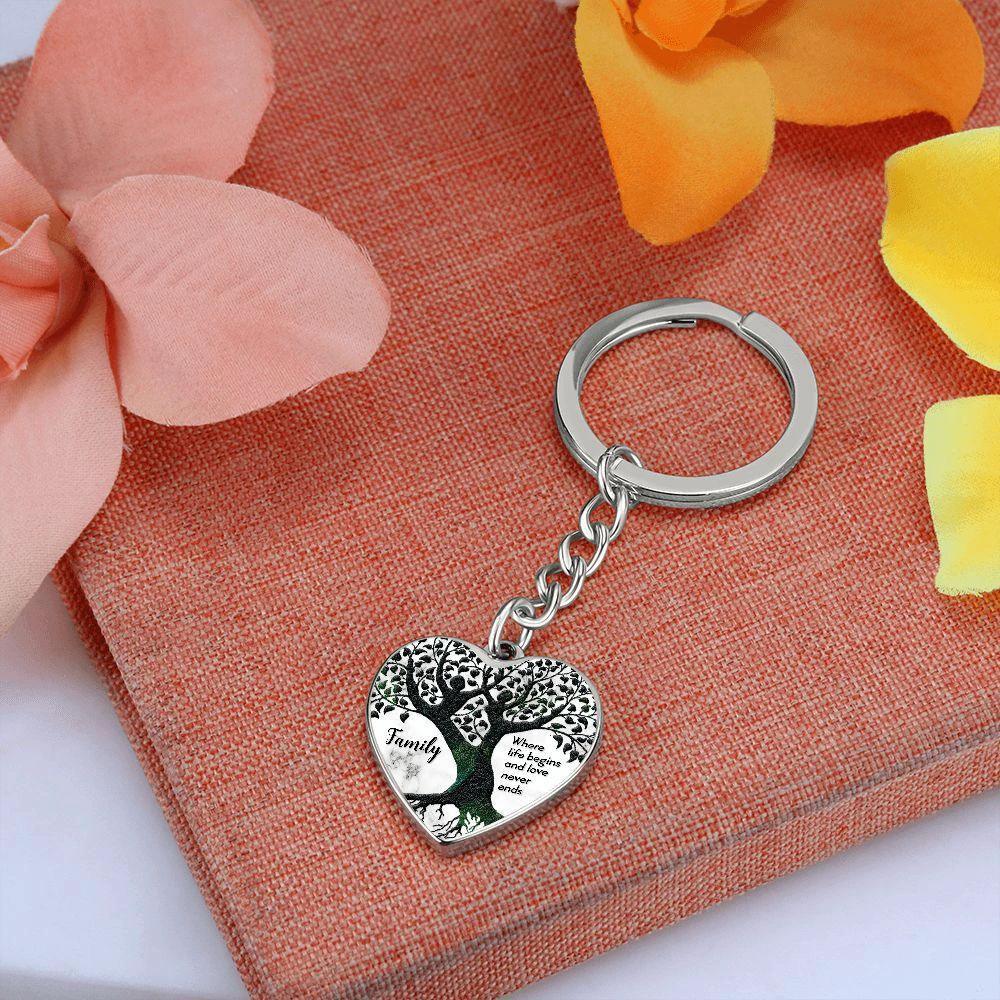 Family Tree Engraved Heart Keychain – “Where Life Begins and Love Never Ends” Stainless Steel Keepsake, Meaningful Gift for Family & Loved Ones