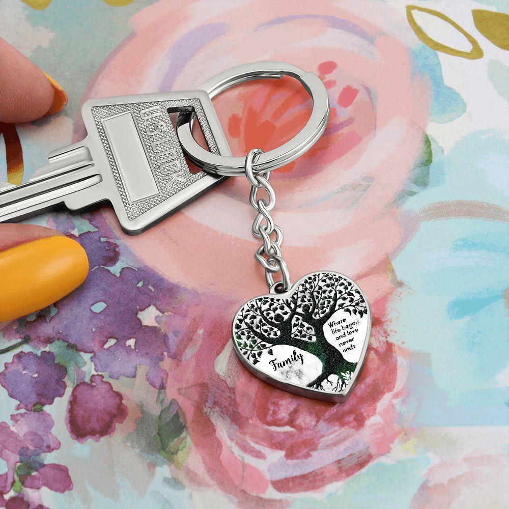Family Tree Engraved Heart Keychain – “Where Life Begins and Love Never Ends” Stainless Steel Keepsake, Meaningful Gift for Family & Loved Ones