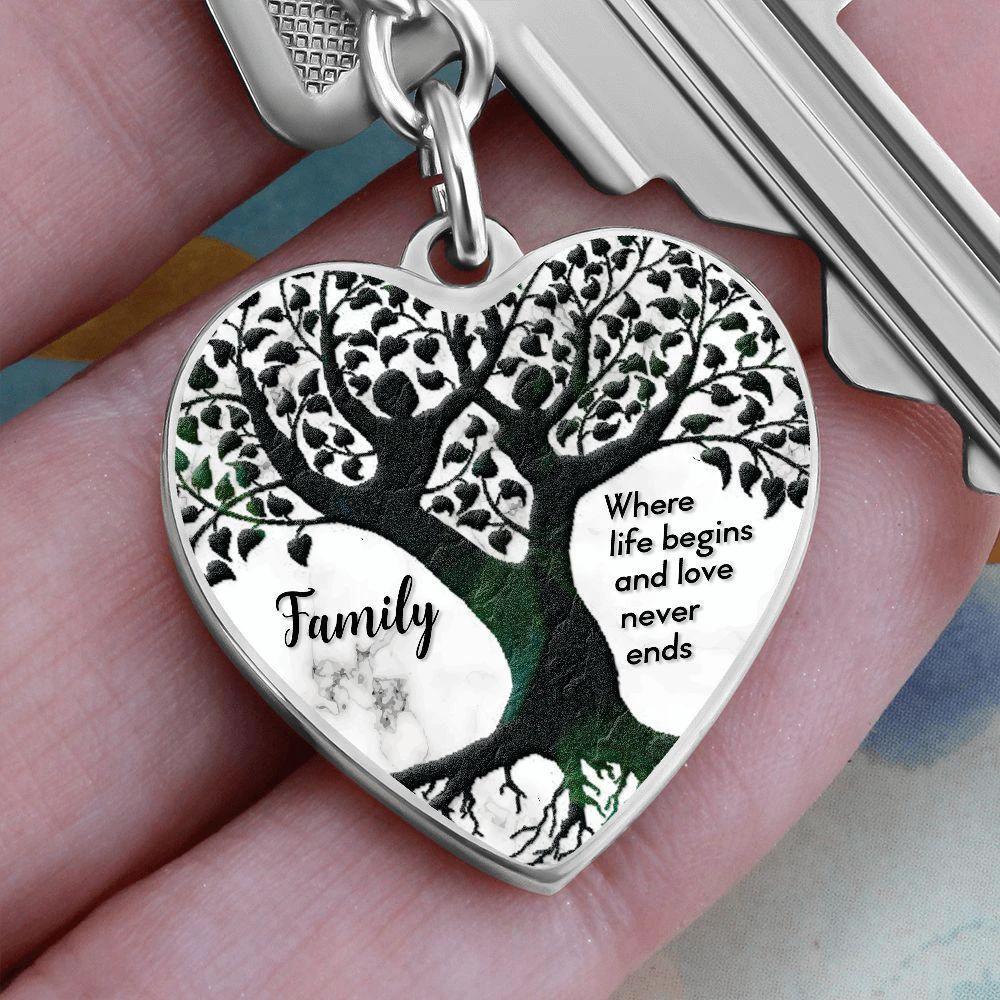 Family Tree Engraved Heart Keychain – “Where Life Begins and Love Never Ends” Stainless Steel Keepsake, Meaningful Gift for Family & Loved Ones