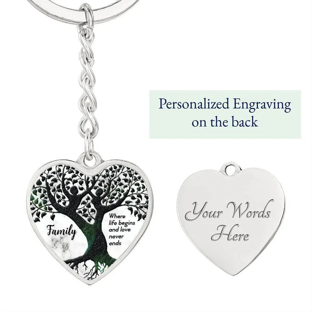 Family Tree Engraved Heart Keychain – “Where Life Begins and Love Never Ends” Stainless Steel Keepsake, Meaningful Gift for Family & Loved Ones