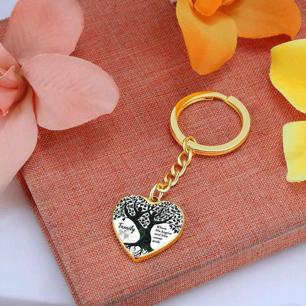 Family Tree Engraved Heart Keychain – “Where Life Begins and Love Never Ends” Stainless Steel Keepsake, Meaningful Gift for Family & Loved Ones