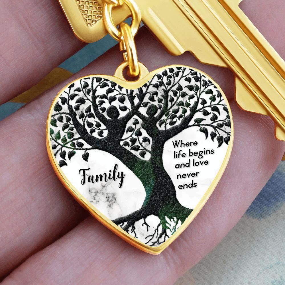 Family Tree Engraved Heart Keychain – “Where Life Begins and Love Never Ends” Stainless Steel Keepsake, Meaningful Gift for Family & Loved Ones