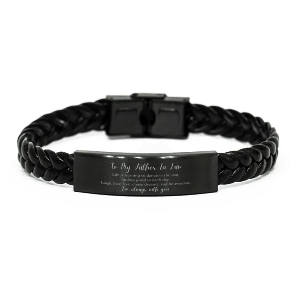Father In Law Braided Leather Bracelet Life is Learning to Dance in the Rain - Birthday, Christmas Holiday Gifts