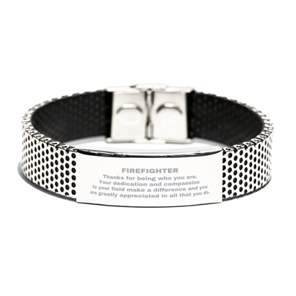 Firefighter Silver Shark Mesh Stainless Steel Engraved Bracelet - Thanks for being who you are - Birthday Christmas Jewelry Gifts Coworkers Colleague Boss - Mallard Moon Gift Shop