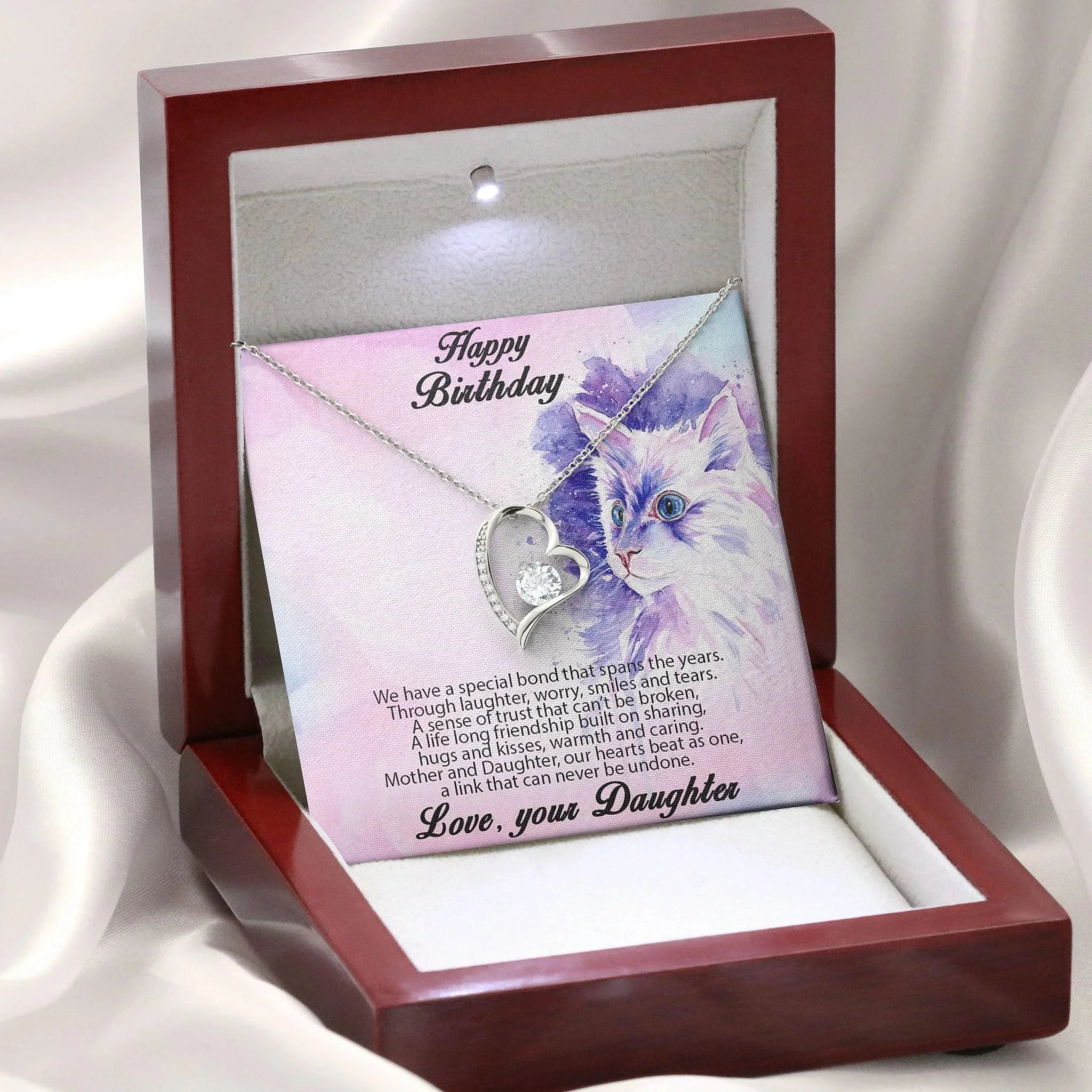 Birthday Gift for Mother Forever Love Heart Pendant Necklace From Daughter Cat Message Card