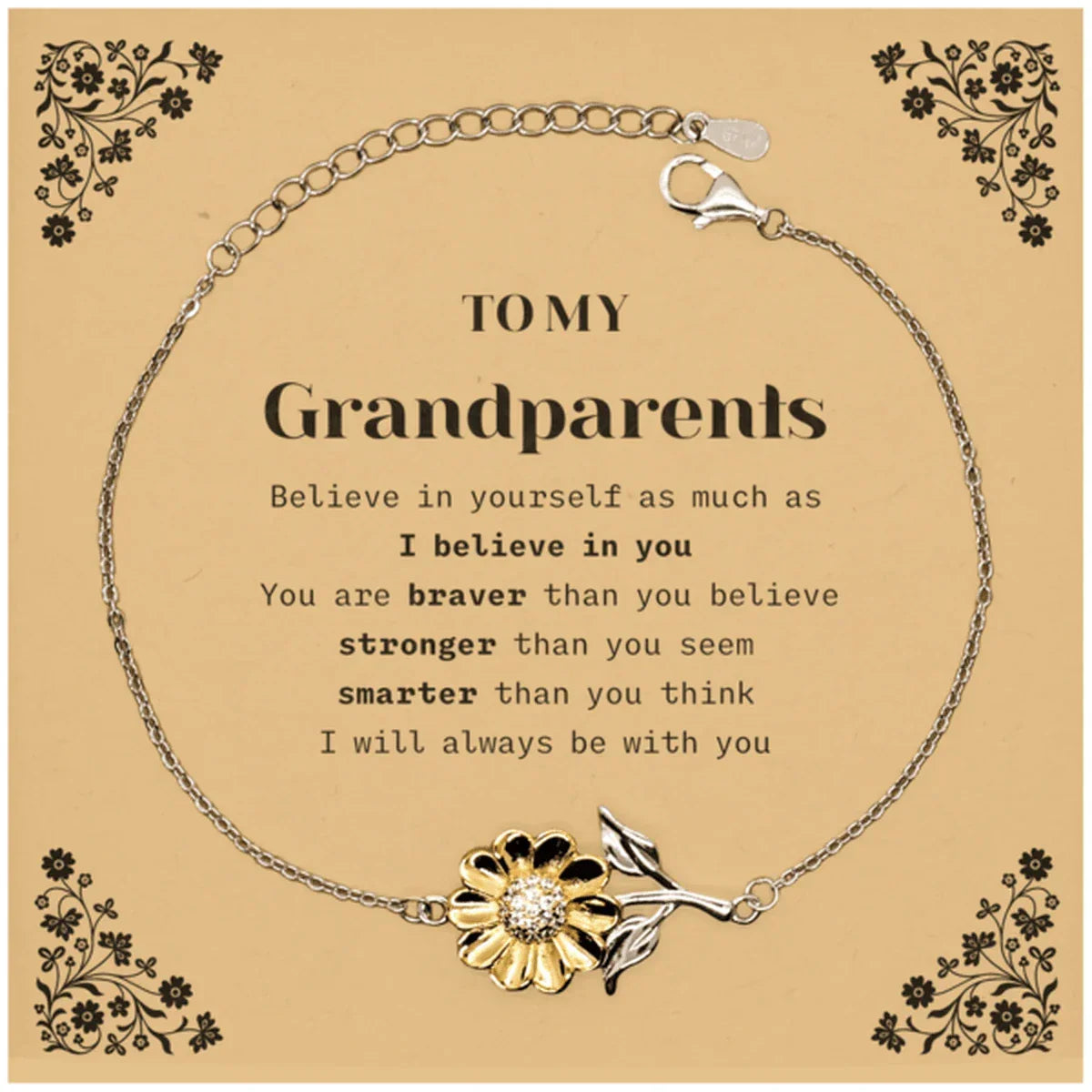 Grandparents Sunflower Bracelet Gifts, To My Grandparents You are braver than you believe, stronger than you seem, Inspirational Gifts For Grandparents Card, Birthday, Christmas Gifts For Grandparents Men Women