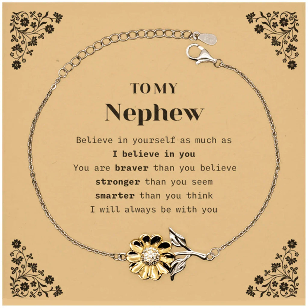 Nephew Sunflower Bracelet Gifts, To My Nephew You are braver than you believe, stronger than you seem, Inspirational Gifts For Nephew Card, Birthday, Christmas Gifts For Nephew Men Women