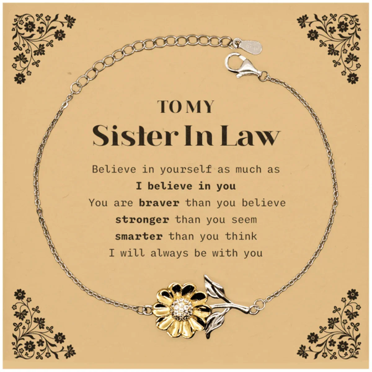 Sister In Law Sunflower Bracelet Gifts, To My Sister In Law You are braver than you believe, stronger than you seem, Inspirational Gifts For Sister In Law Card, Birthday, Christmas Gifts For Sister In Law Men Women