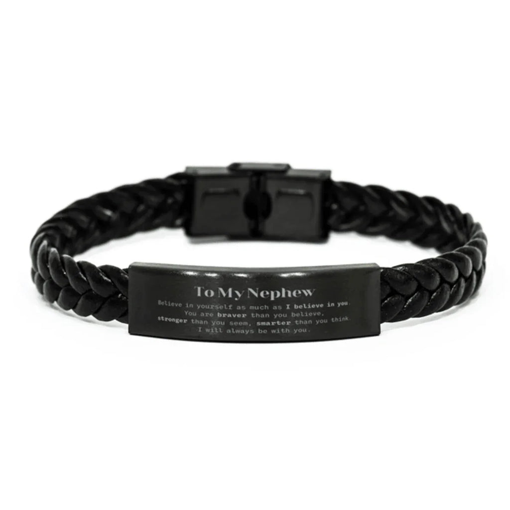Nephew Braided Leather Bracelet Gifts, To My Nephew You are braver than you believe, stronger than you seem, Inspirational Gifts For Nephew Engraved, Birthday, Christmas Gifts For Nephew Men Women