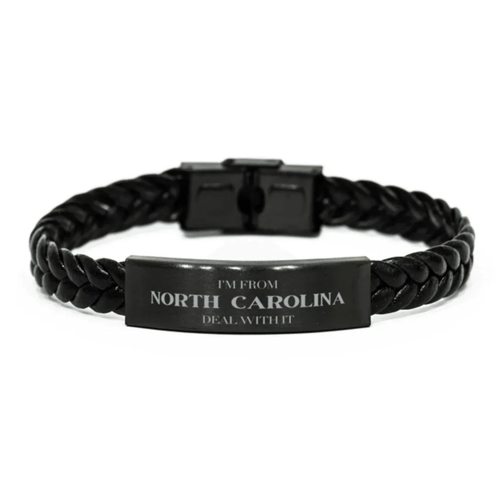 I'm from North Carolina, Deal with it, Proud North Carolina State Braided Leather Bracelet Gift Idea