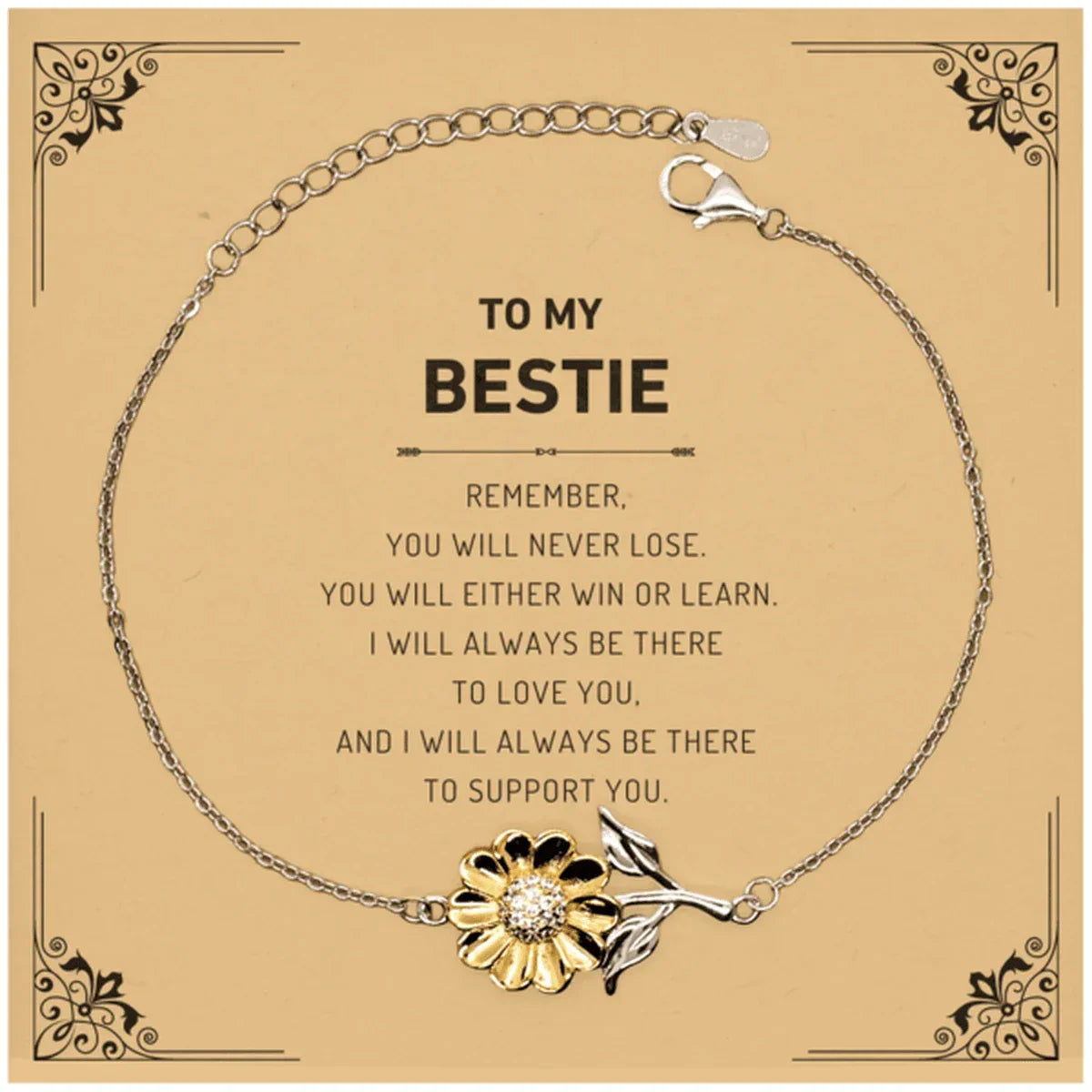 Bestie Gifts, To My Bestie Remember, you will never lose. You will either WIN or LEARN, Keepsake Sunflower Bracelet For Bestie Card, Birthday Christmas Gifts Ideas For Bestie X-mas Gifts