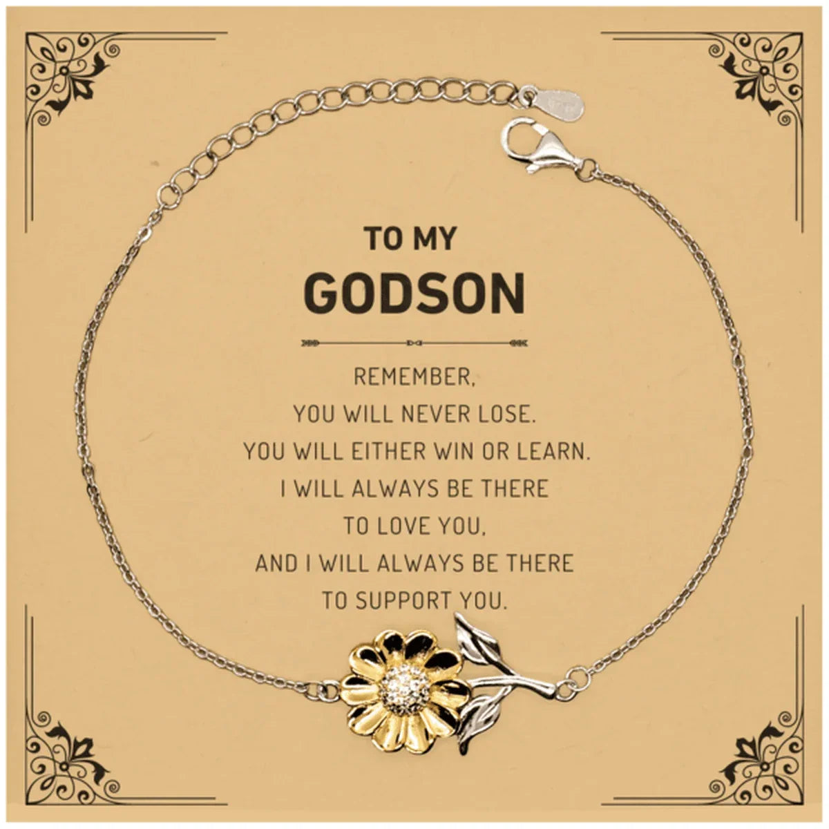 Godson Gifts, To My Godson Remember, you will never lose. You will either WIN or LEARN, Keepsake Sunflower Bracelet For Godson Card, Birthday Christmas Gifts Ideas For Godson X-mas Gifts