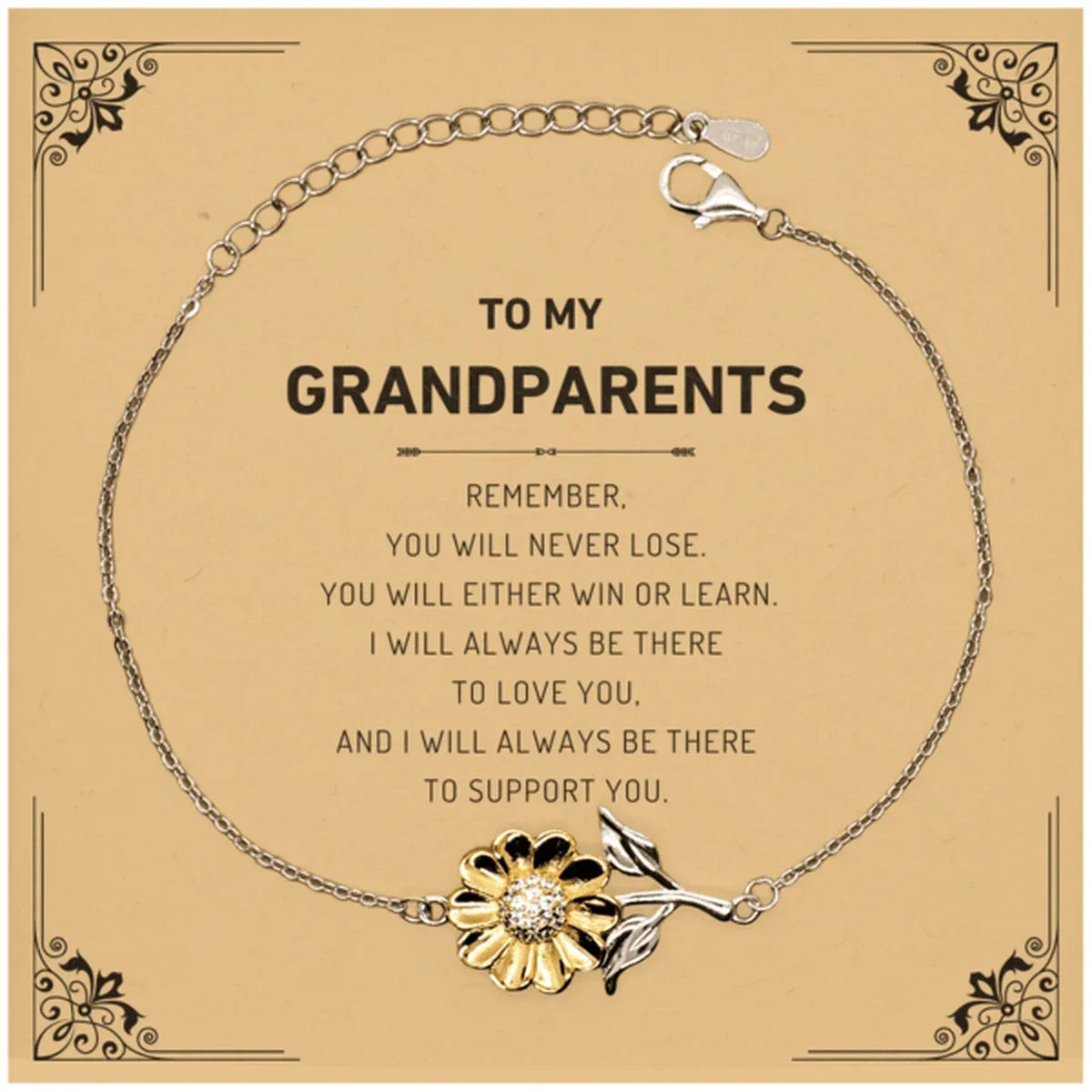 Grandparents Gifts, To My Grandparents Remember, you will never lose. You will either WIN or LEARN, Keepsake Sunflower Bracelet For Grandparents Card, Birthday Christmas Gifts Ideas For Grandparents X-mas Gifts