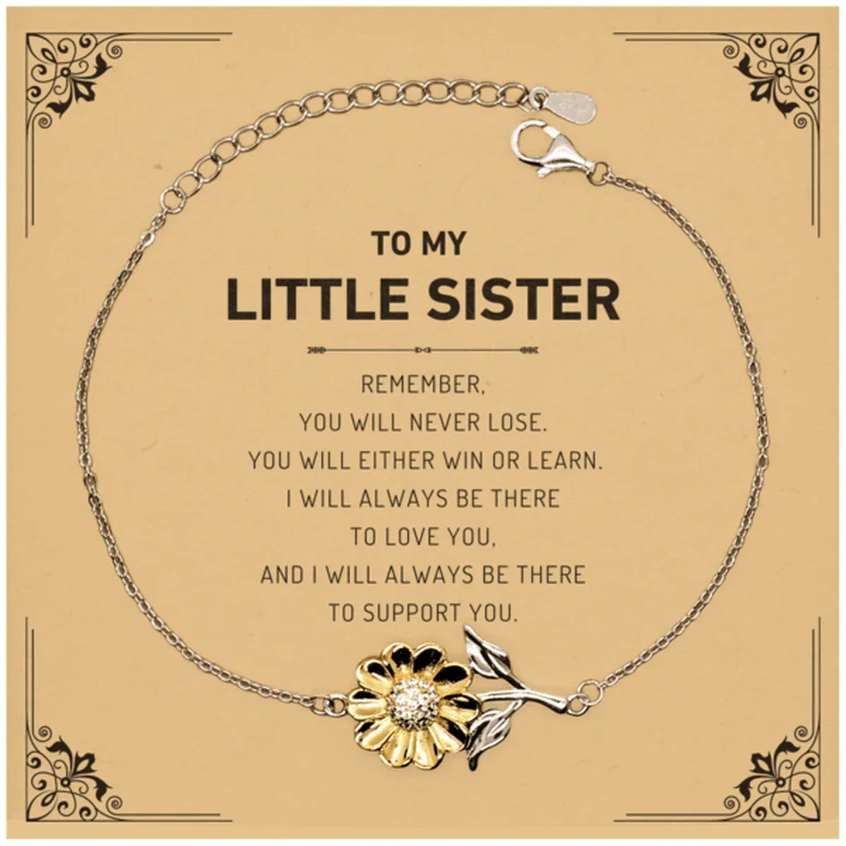 Little Sister Gifts, To My Little Sister Remember, you will never lose. You will either WIN or LEARN, Keepsake Sunflower Bracelet For Little Sister Card, Birthday Christmas Gifts Ideas For Little Sister X-mas Gifts