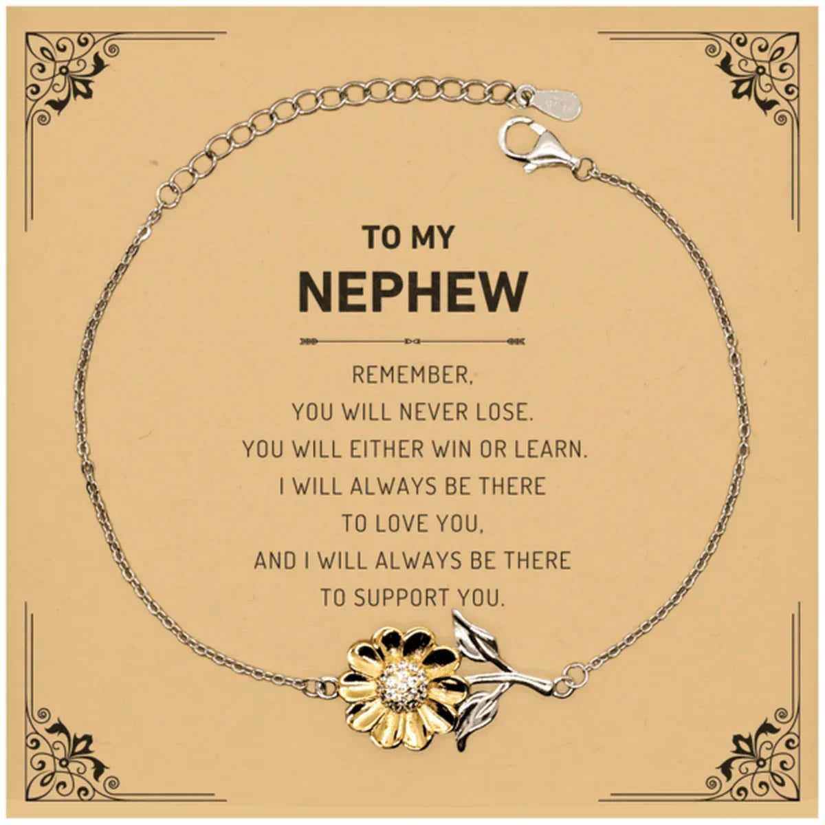 Nephew Gifts, To My Nephew Remember, you will never lose. You will either WIN or LEARN, Keepsake Sunflower Bracelet For Nephew Card, Birthday Christmas Gifts Ideas For Nephew X-mas Gifts