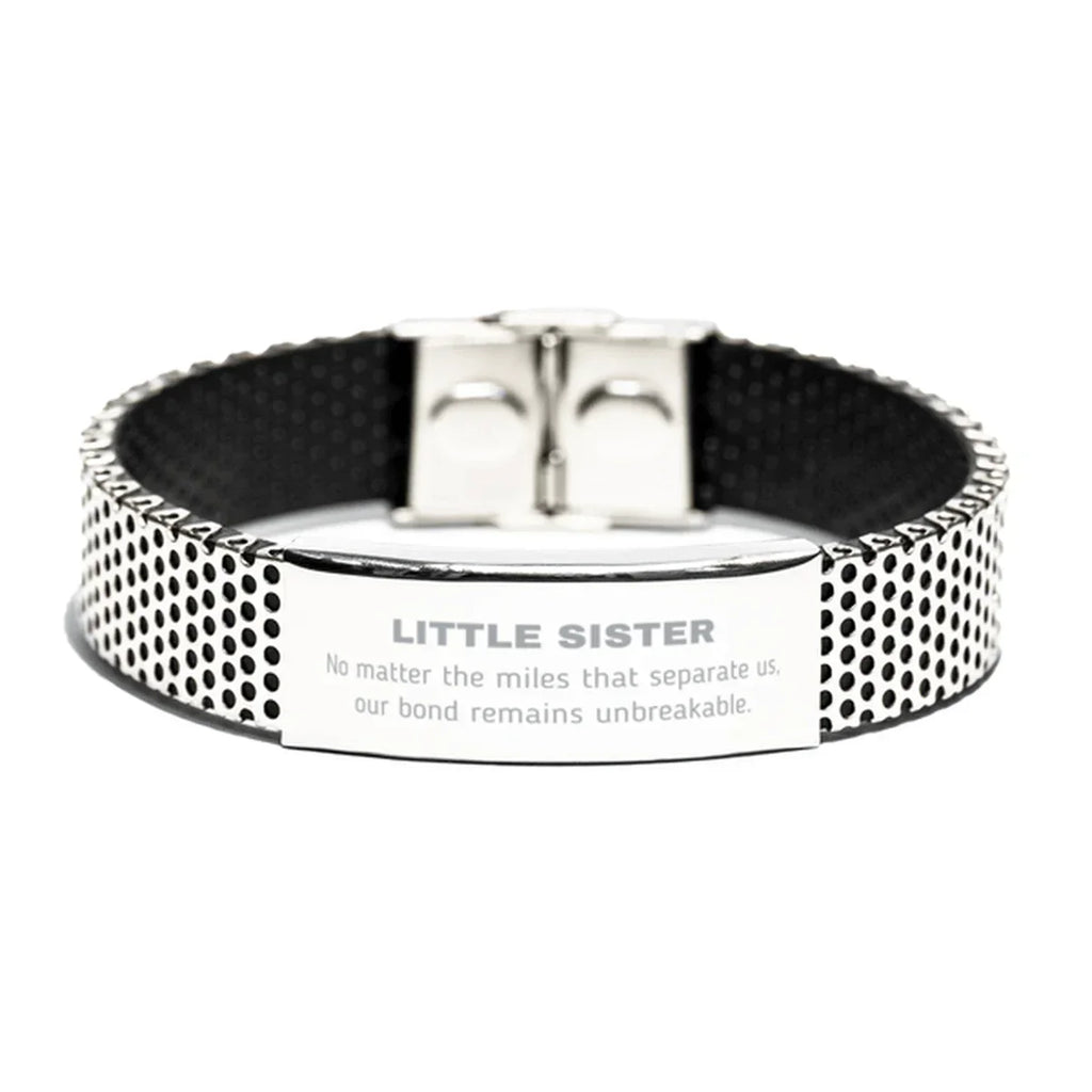 Little Sister Long Distance Relationship Gifts, No matter the miles that separate us, Cute Love Stainless Steel Bracelet For Little Sister, Birthday Christmas Unique Gifts For Little Sister