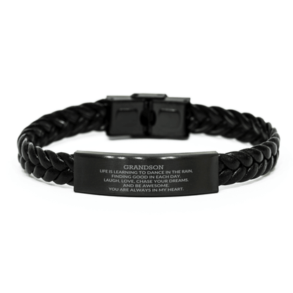 Grandson Braided Leather Engraved Bracelet, Motivational Heartfelt Birthday, Christmas Holiday Gifts For Grandson, Life is Learning to Dance in the Rain, You are Always in My Heart - Mallard Moon Gift Shop