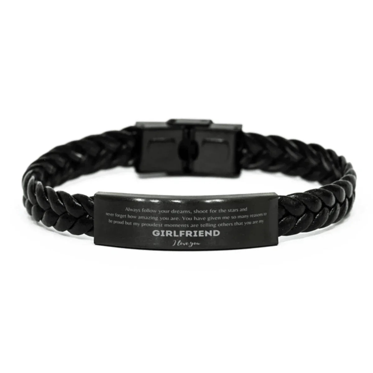 Girlfriend Braided Leather Engraved Bracelet - Always Follow your Dreams - Birthday, Christmas Holiday Jewelry Gift
