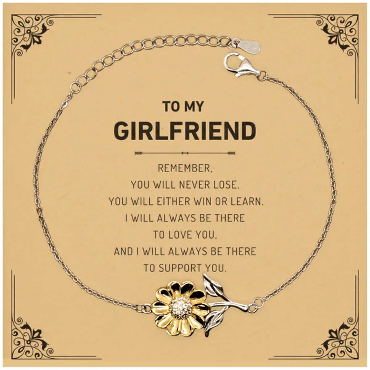 Girlfriend Gifts, To My Girlfriend Remember, you will never lose. You will either WIN or LEARN, Keepsake Sunflower Bracelet For Girlfriend Card, Birthday Christmas Gifts Ideas For Girlfriend X-mas Gifts