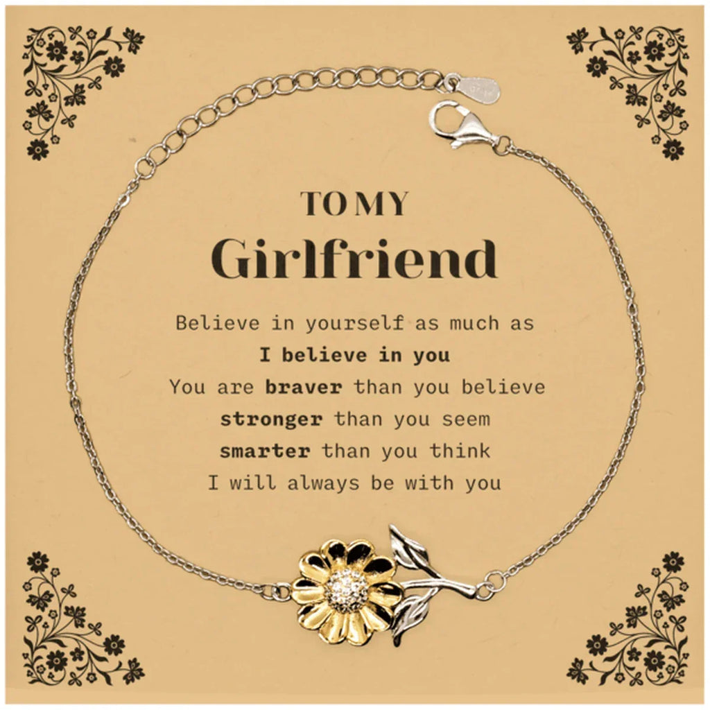 Girlfriend Sunflower Bracelet Gifts, To My Girlfriend You are braver than you believe, stronger than you seem, Inspirational Gifts For Girlfriend Card, Birthday, Christmas Gifts For Girlfriend Men Women