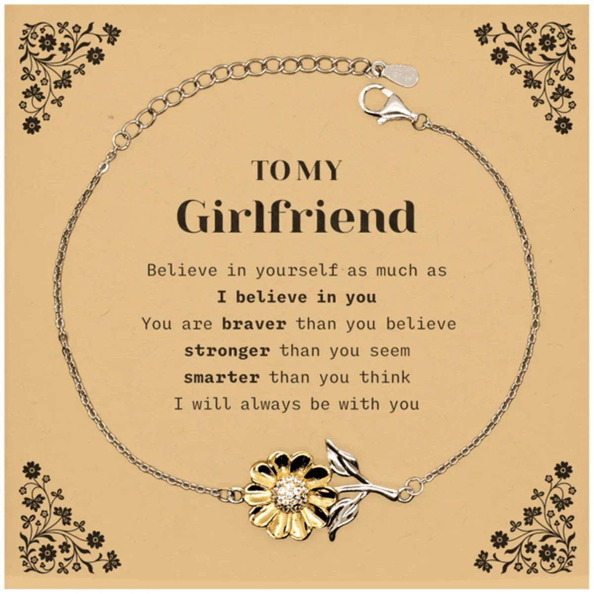 Girlfriend Sunflower Bracelet Gifts, To My Girlfriend You are braver than you believe, stronger than you seem, Inspirational Gifts For Girlfriend Card, Birthday, Christmas Gifts For Girlfriend Men Women