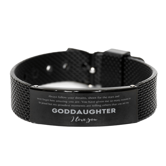 Goddaughter Handmade Black Shark Mesh Engraved Bracelet- Always Follow your Dreams - Birthday, Christmas Holiday Jewelry Gift - Mallard Moon Gift Shop
