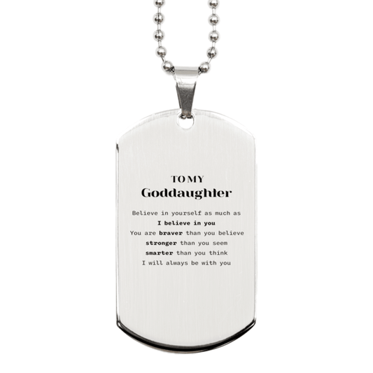 Goddaughter Silver Dog Tag Gifts, To My Goddaughter You are braver than you believe, stronger than you seem, Inspirational Gifts For Goddaughter Engraved, Birthday, Christmas Gifts For Goddaughter Men Women - Mallard Moon Gift Shop