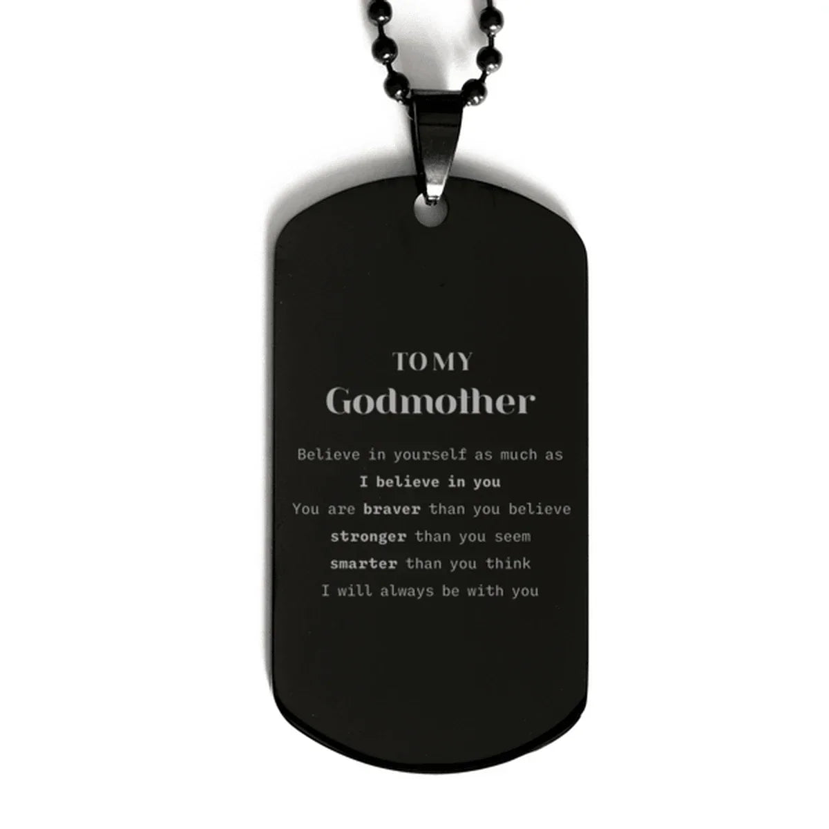 Godmother Black Dog Tag Engraved Necklace - You are braver than you believe, stronger than you seem, Inspirational Birthday Christmas Mother's Day Gifts